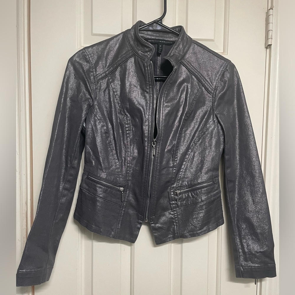 White House Black Market Metallic Gray Coated Fabric Zip Jacket
